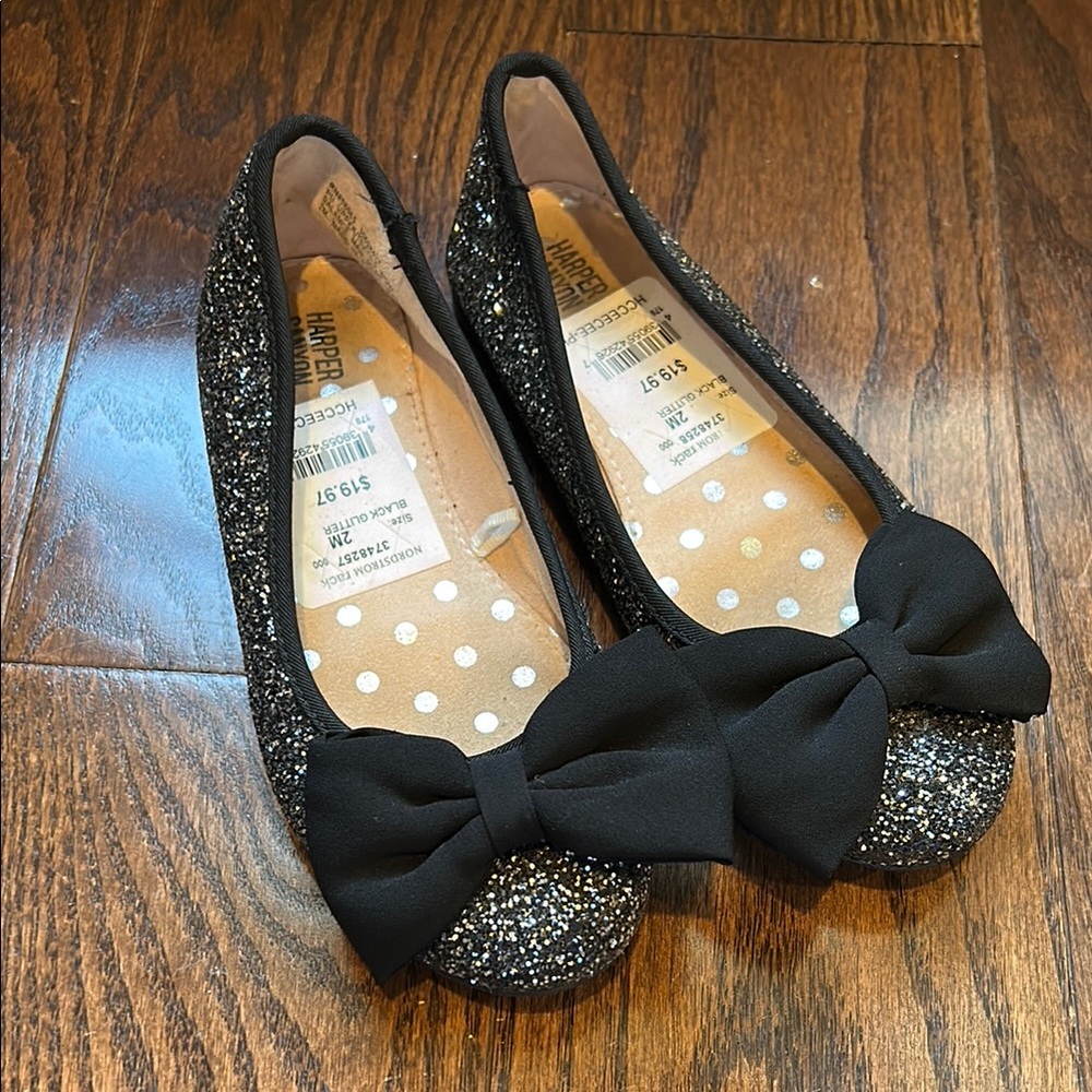 Black Glitter Ballet Flats with Bow